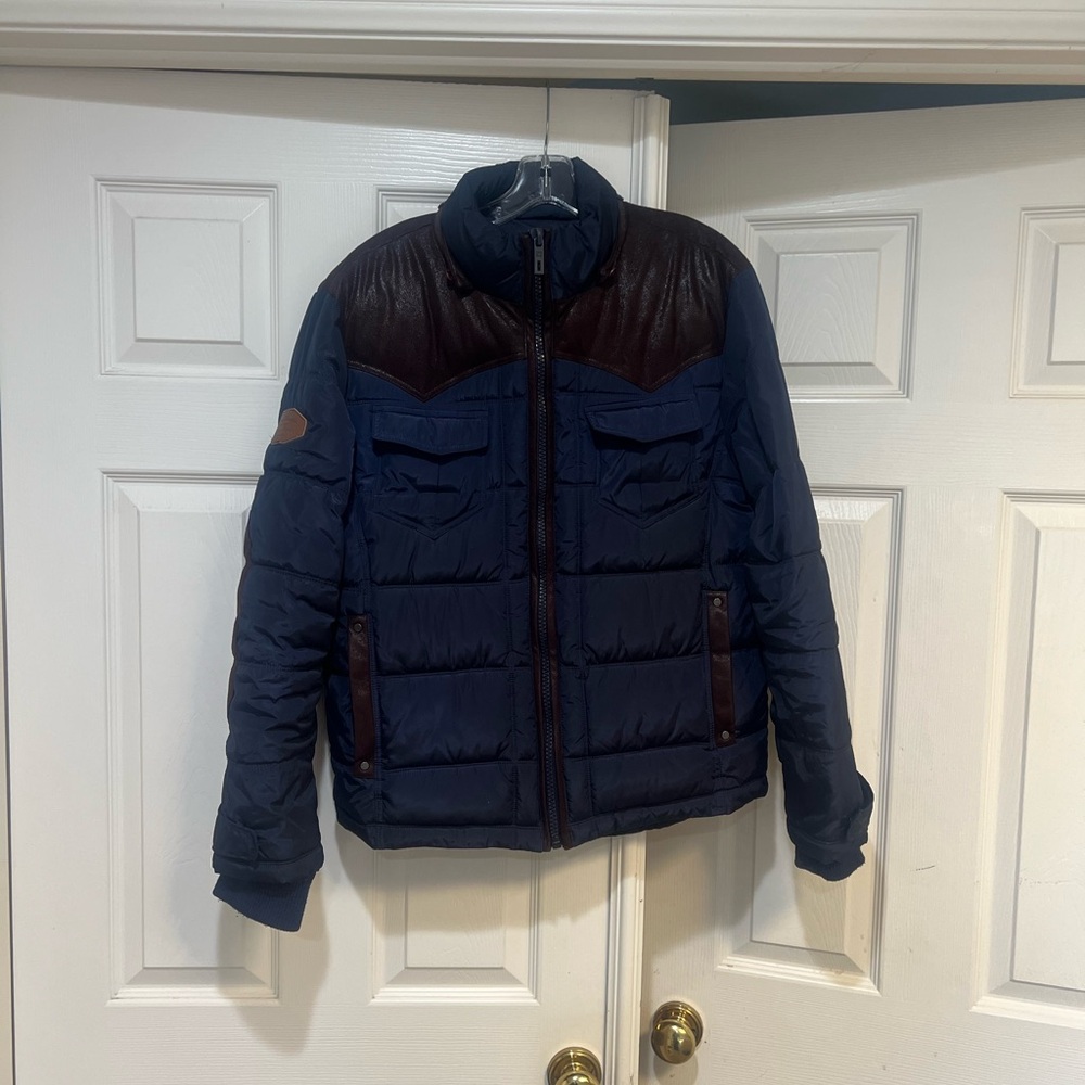 Men’s size large Navy blue brown elbow patch Puffer Jacket lightweight Gorbcore